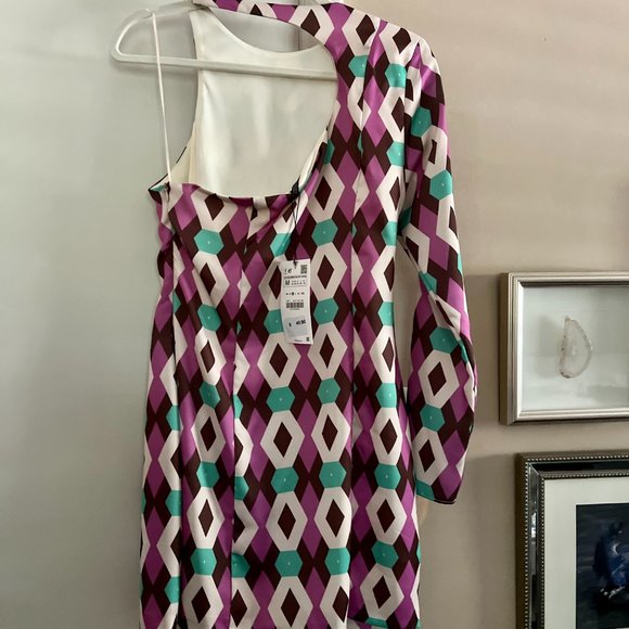 One shoulder ZARA dress for Fall, NWT, multicolored, out of stock! GREAT FIND! - Picture 3 of 3